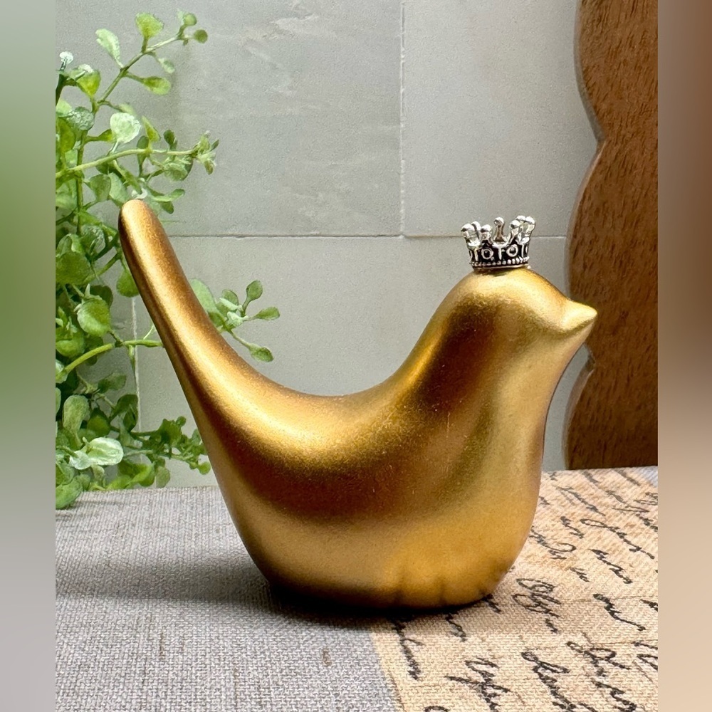 New Small Matte Gold Resin Bird w/ Silver Tone Crown Decor Figurine - 3”